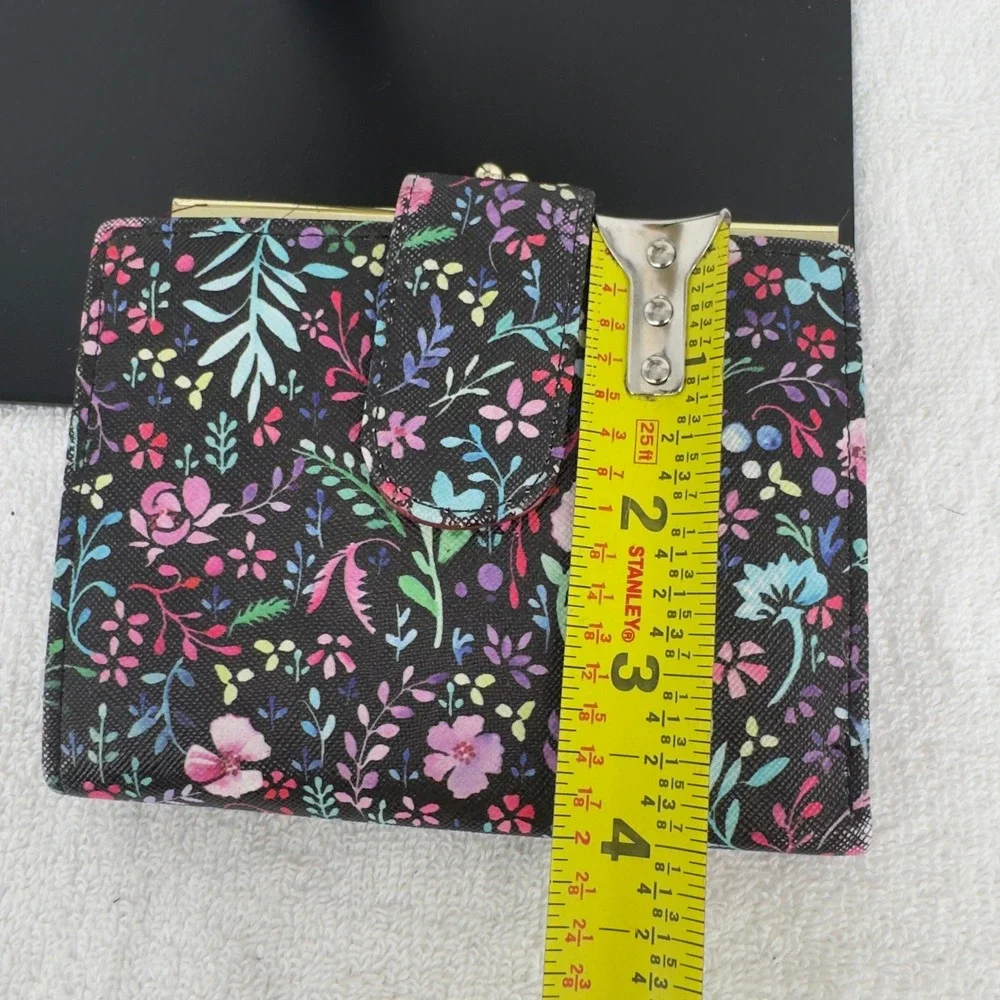 Vintage Buxton Floral Bifold Wallet Kiss Lock Coin Pouch Burgundy Interior Black